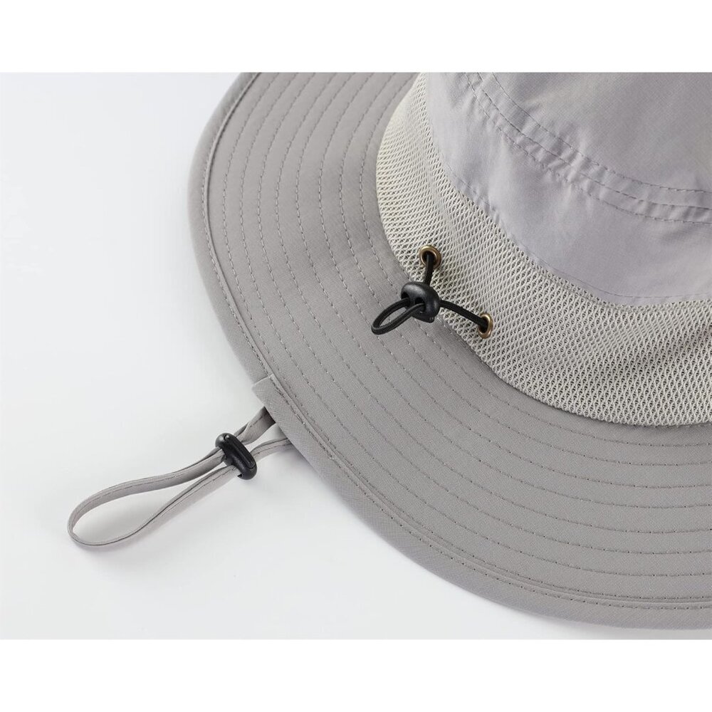 Unisex Light Grey 100%Polyester Wide Brim Mesh Chin Strap Classic Hiking Sun Hat - Picture 4 of 7